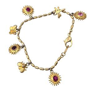 Gold-Tone Charm Bracelet W/ Sunflower Butterfly & Dragonfly Charms + Pink Gem Ac